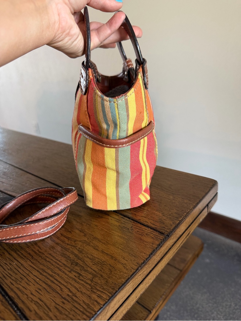 Vintage Fossil Canvas Boho Purse Multicolor Striped Bag Leather Shoulder Bag - Picture 7 of 15